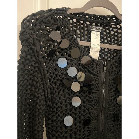 SONIA RYKIEL Women's Black FullZip Sequin Fishnet Mesh Cardigan Whimsygoth Fairy - Picture 4 of 8